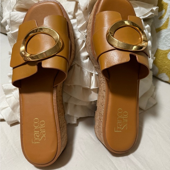 Franco Sarto Tan Cork Sandals with Gold Accent - Picture 2 of 8